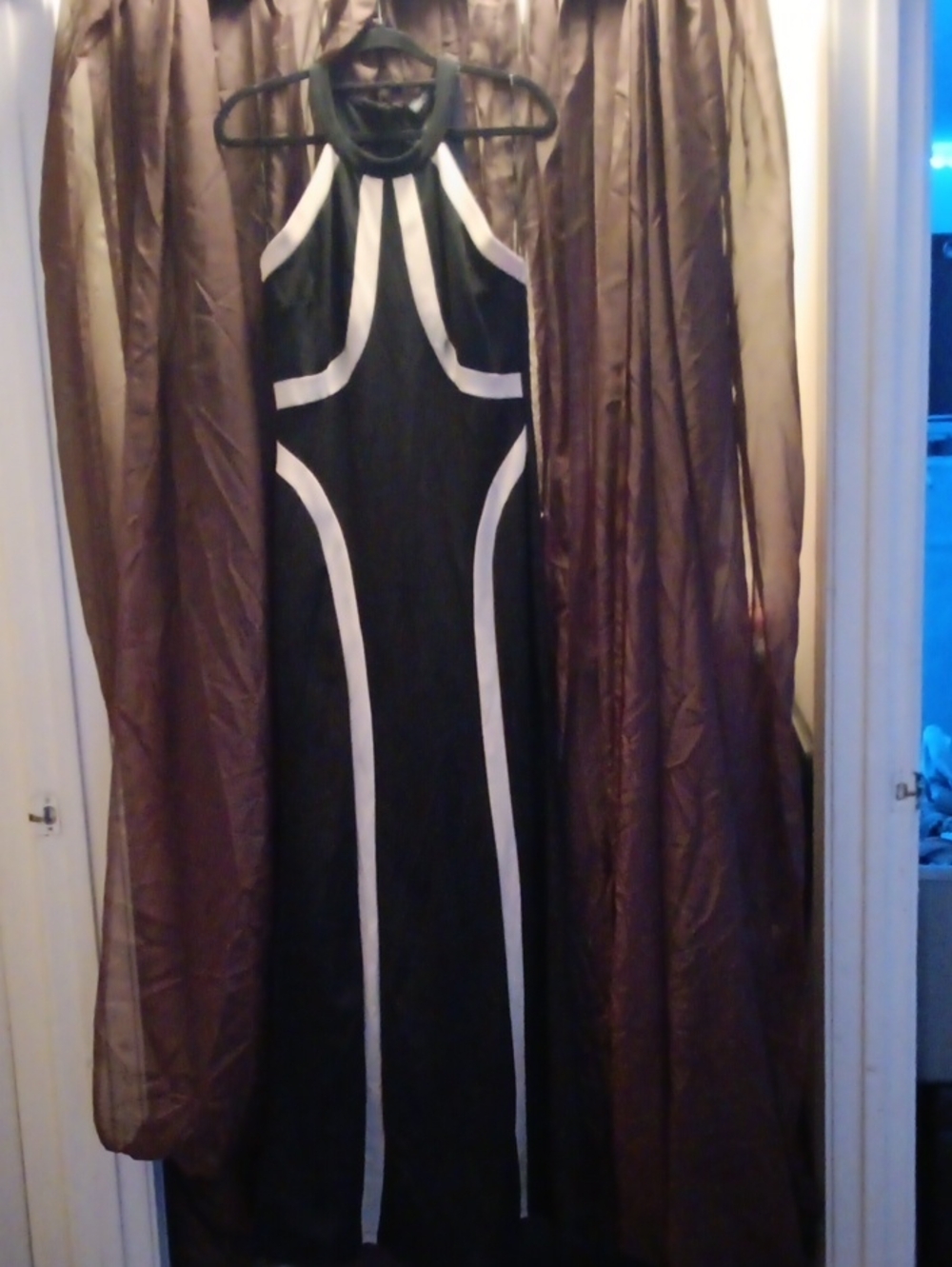 Black Maxi Dress with Beige Trim - Sleek Contrast Design.